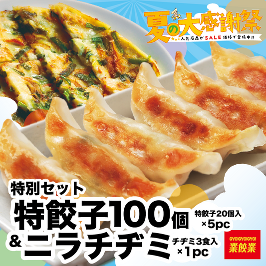 【お値引き】夏の大感謝祭！業餃業の美味しい餃子100個+チヂミ1袋セット！